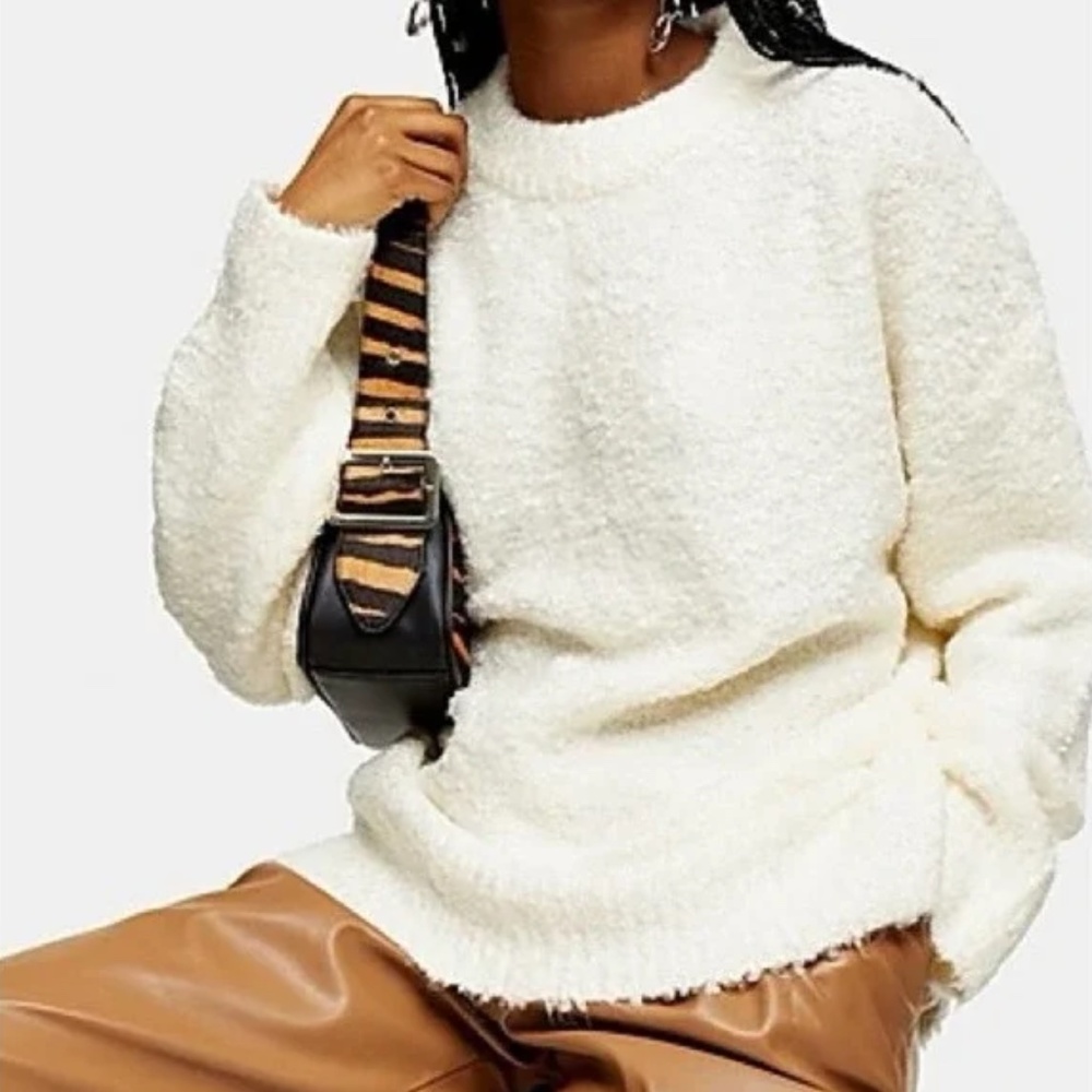 TOPSHOP Women's Longline Boucle Chucky Knit Sweater in Ivory Size 8-10